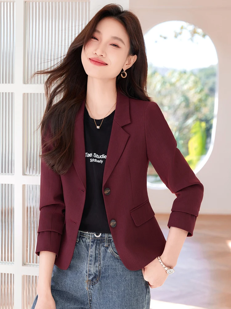 

Винно-красный приталенный женский жакет для весны и осени, универсальный, с утяжкой на талии, модный деловой топ-пиджак