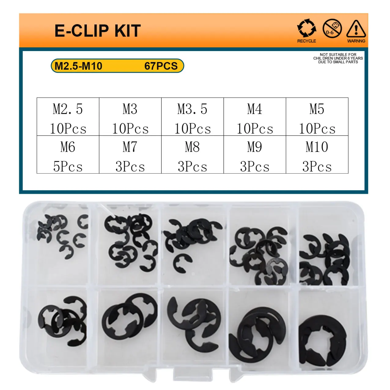 M2.5 M3.5 M4 M5 M6 M7 M8 M9 M10 304 Stainless Steel Clip Washer Circlip Assortment Kit carbon steel E-Clip Snap Locking Ring