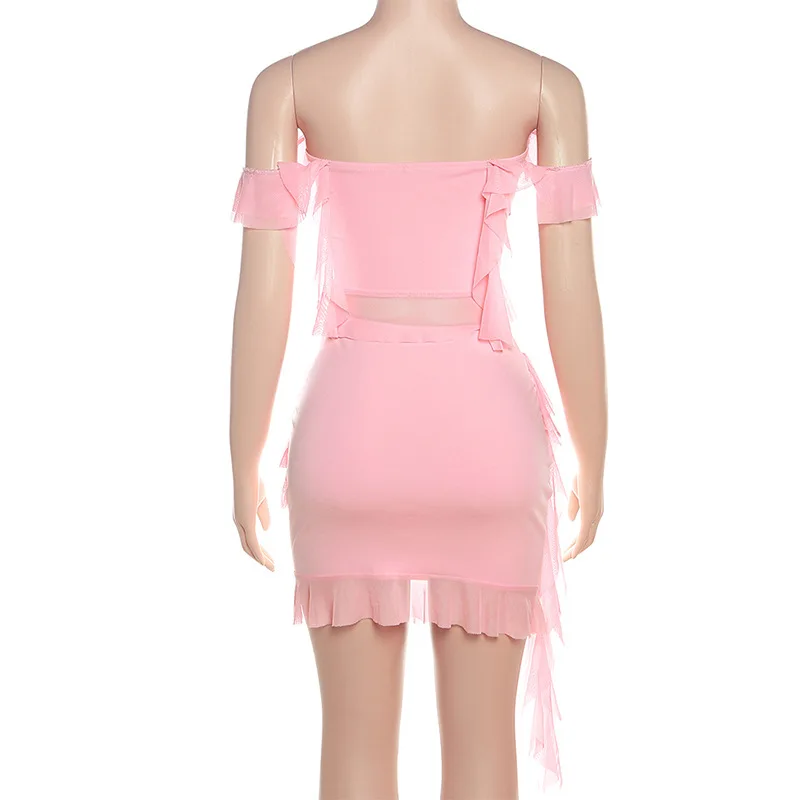 Cute Pink 2025 Summer New Women's Clothing Sexy One-word Collar Fungus Edge T-shirt Slim-fit Hip Skirt Set