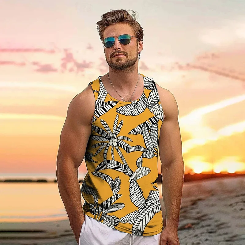 New Harajuku 3D Tropical Leaves Printing Tank Top Men Coconut Trees Graphic Vest Summer Hawaiian Tank Tops Fashion Clothing Tops