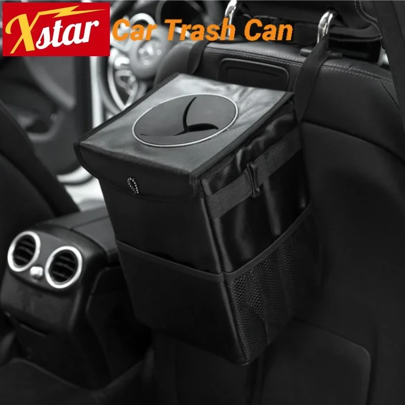 Car Trash Can with Lid and Storage Pockets Waterproof Garbage Bin Multipurpose Folding Trash Can Automotive Accessories