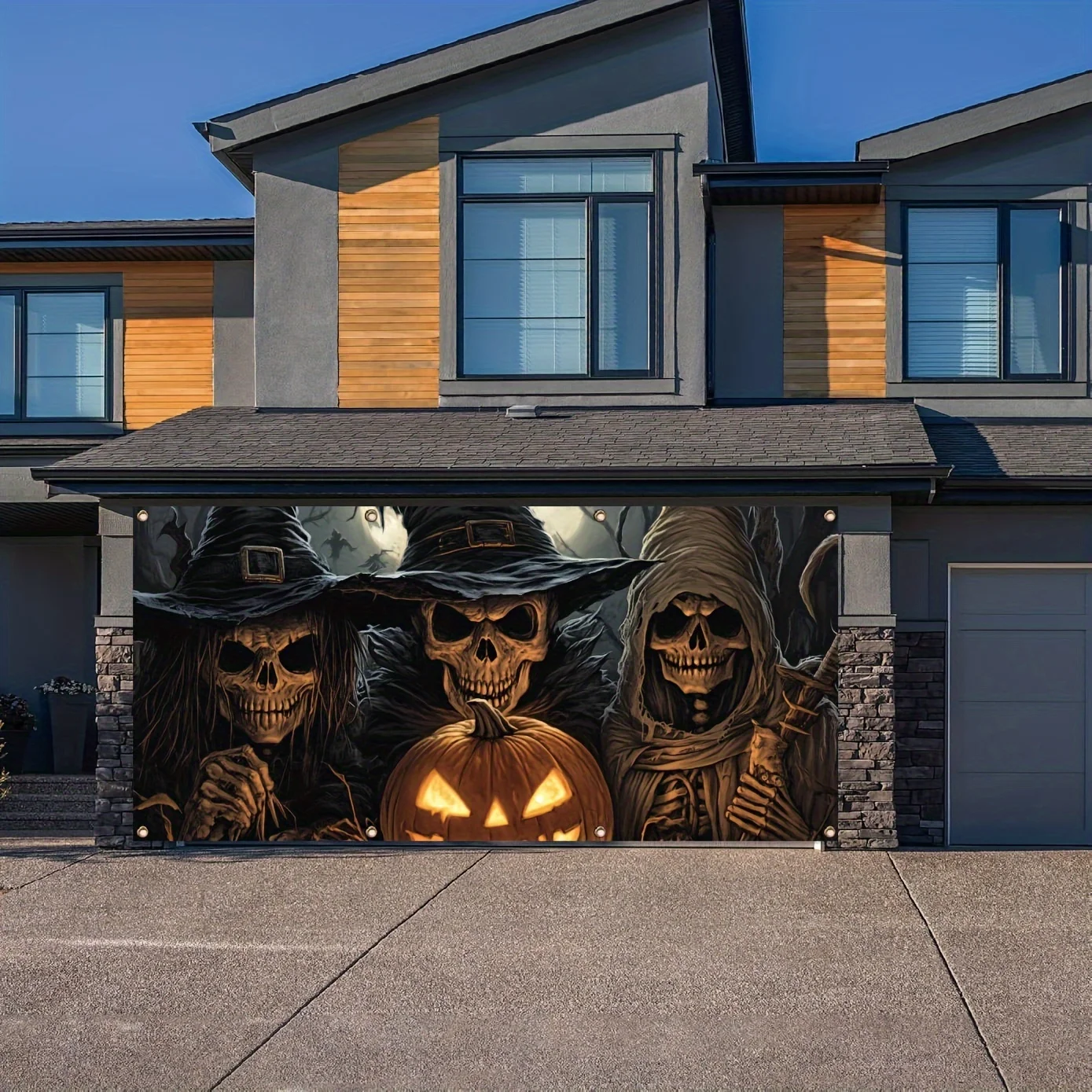 1 piece, Halloween garage banner, three skeleton wizards evil staring at you background, party atmosphere background