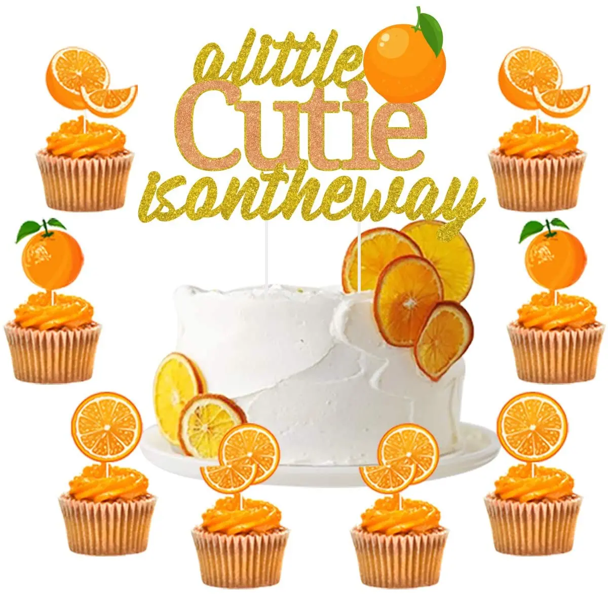 

Little Cutie Baby Shower Decorations Little Cutie Is on The Way Cake Topper Tangerine Orange Cupcake Toppers for Baby Girl