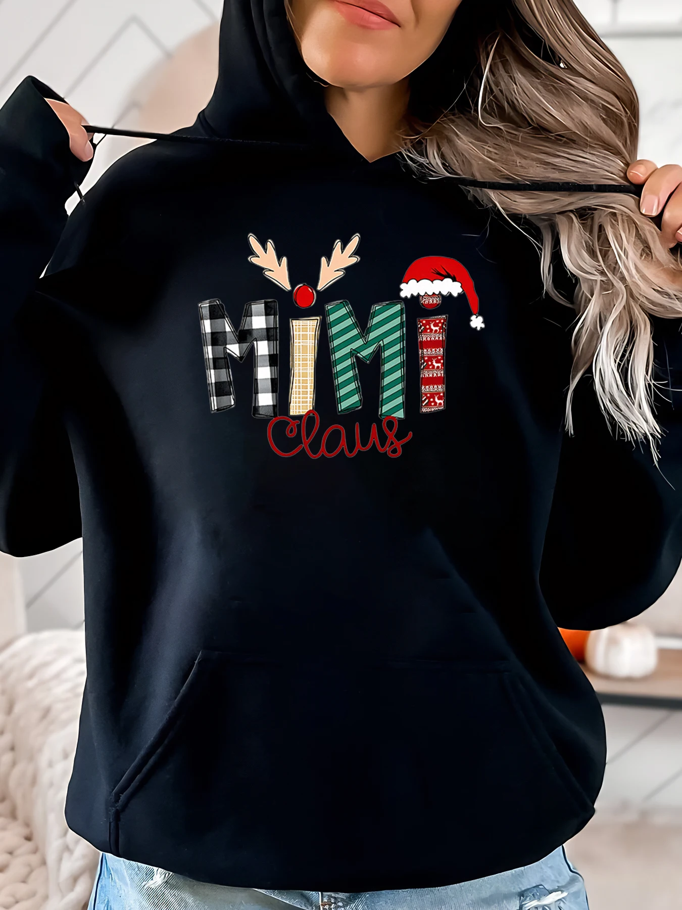 

Mim Claus Christmas Print Hoodie Women Holiday Party Casual Wear Black Plus-Size