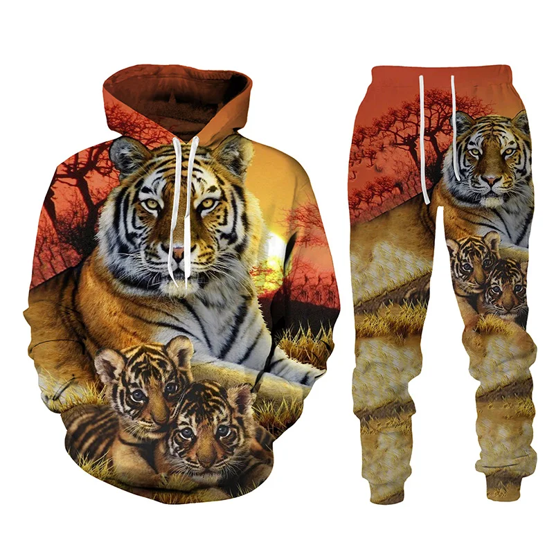 Sweat à capuche imprimé tête de tigre jungle pour hommes et femmes, tenues 3D, sweat-shirt à capuche, ensembles de pantalons, olympiques de sport de plein air, été, automne, 2 pièces