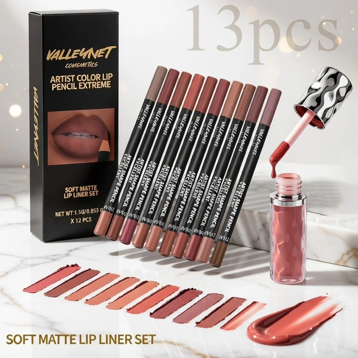 13Pcs Lip Makeup Set 12 Matte Lip Liners & 1 Lip Gloss, Long Lasting Waterproof Velvety Texture For Natural Dewy Daily Lip Look