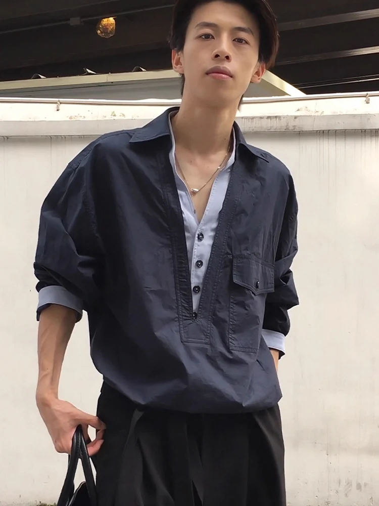 

Cleanfit V-Ne Long Sve Lazy Casual Sle irt Мужская осенняя верхняя одежда контрастного цвета легкий свободный крой irt