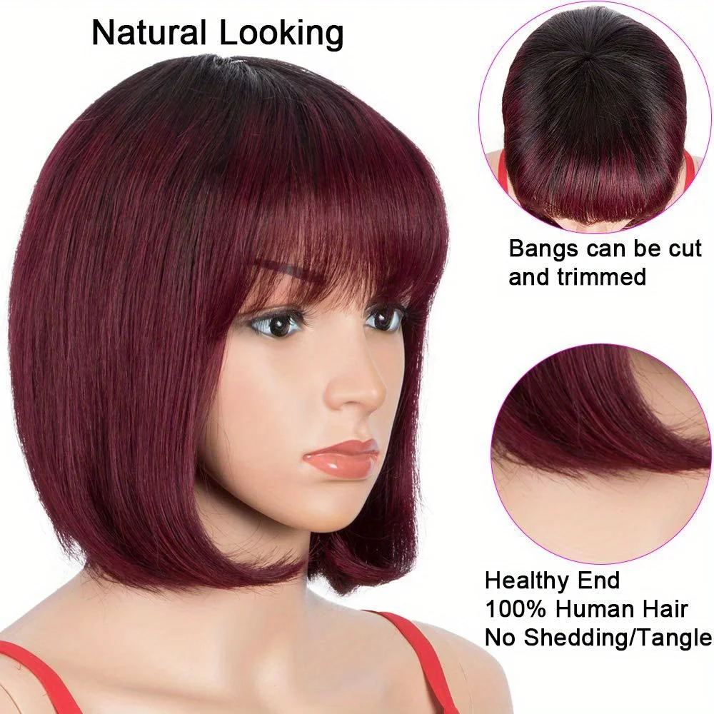 

Straight Bob Wig with Bangs180% Density Short Bob Human Hair Wigs with Bangs Brazilian Straight Hair Wig for Women T1B/ 99J