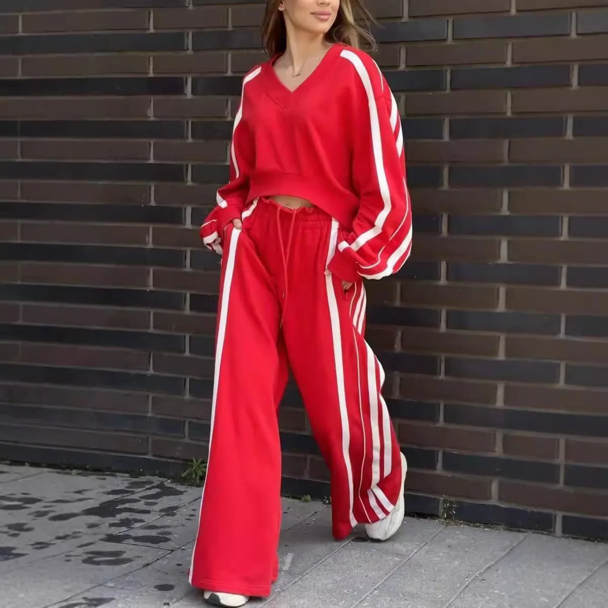 

New Trousers Suit Spring And Summer Casual Fashionable Loose Long-sleeved Top Wide-leg Trousers Sweatshirt Two-piece Set
