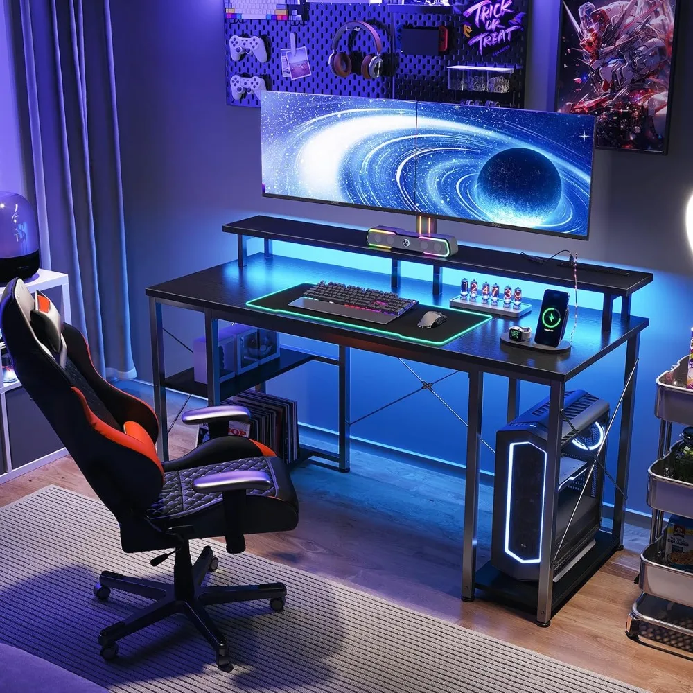 

Inch Gaming Desk with LED Lights & Power Outlets, Computer Desk with Monitor Stand & Storage Shelves, CPU Stand,Home Office Desk