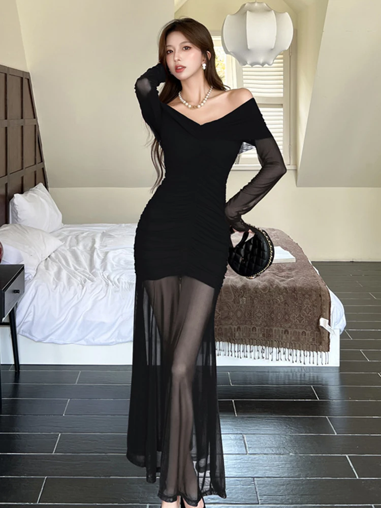 Femmes vêtements soirée rouge maille pure Sexy épaules dénudées maigre longue Robe élégante dame mode fête robes Robe de noël nouveau
