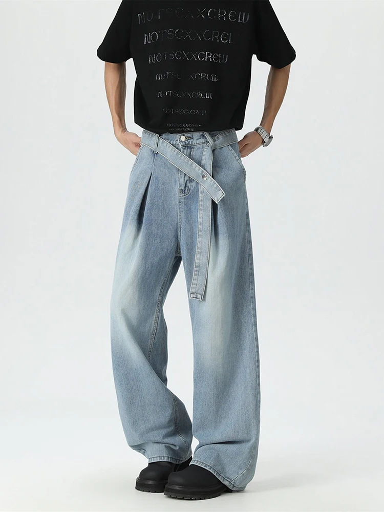 

American Retro Waed Design Belted Loose Wide Leg Knife Jeans for Men High Street Sle Casual Straight Cut Denim Pants