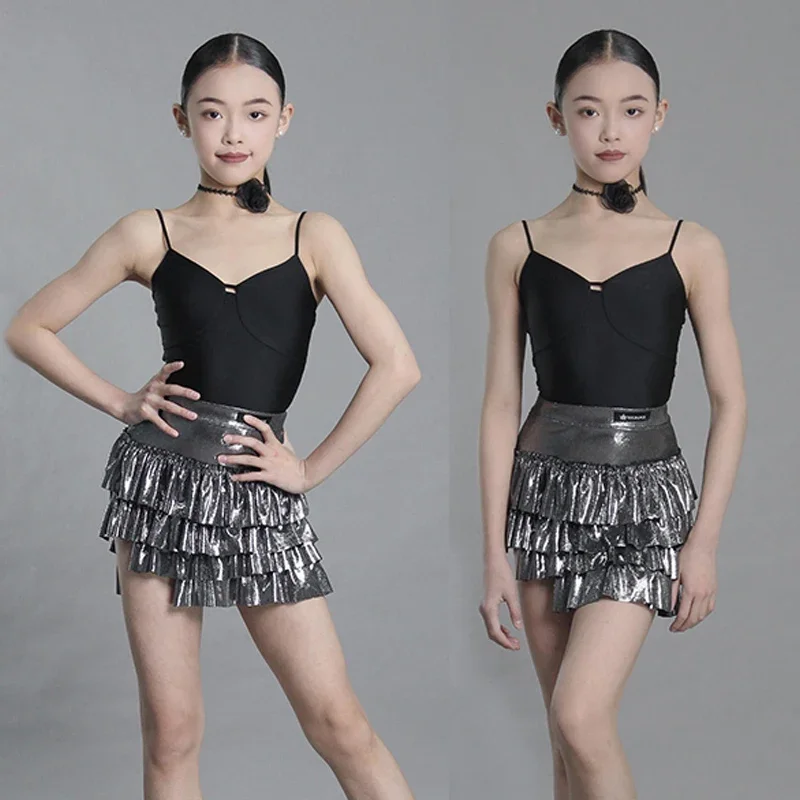

High-Neck Waltz Latin Dance Clothing Sleeveless Dancing Clothes Salsa Training Wear Black Sling Tops Silver Cake Skirt