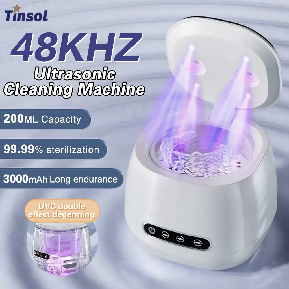 TINSOL Limpiador ultrasónico de 48 kHz con esterilizador UV Conveniente solución de limpieza para el hogar para joyería, dentaduras postizas y alineadores claros
