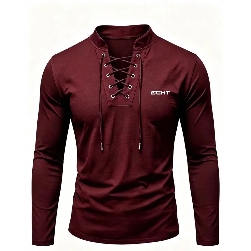 2026 Cross-border Foreign Trade Autumn Men's Retro Stand-up Collar Tie-front Leisure Printed Long-sleeve Henley Shirt New Style - view 6