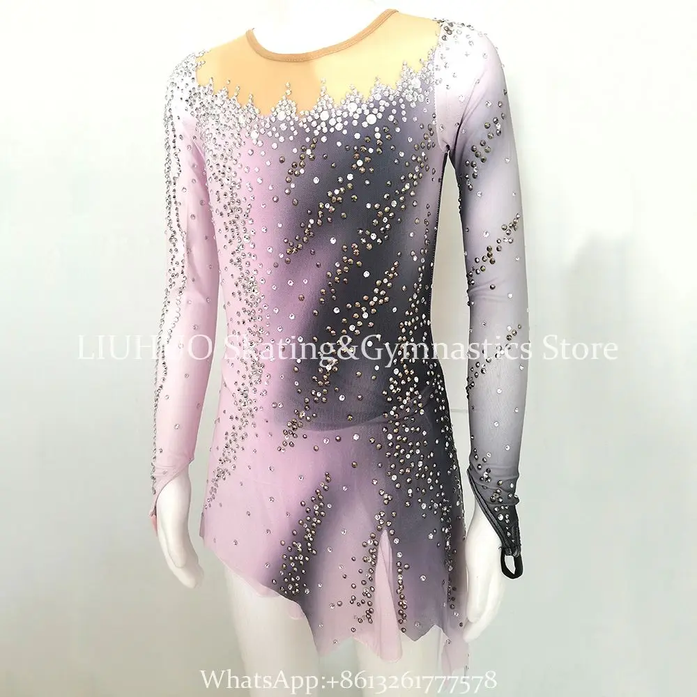 LIUHUO Ice Figure Skating Dress Women Pink Gray GradientDiamonds Handmade Competition Ice Skating Wear