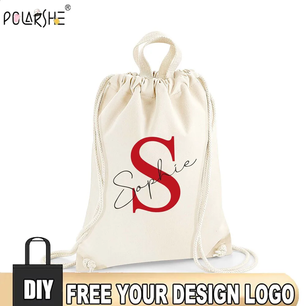 Personalized Striped Cotton Canvas Drawstring Backpack Custom Logo Text Design Foldable Portable Bag For Women Men Travel School