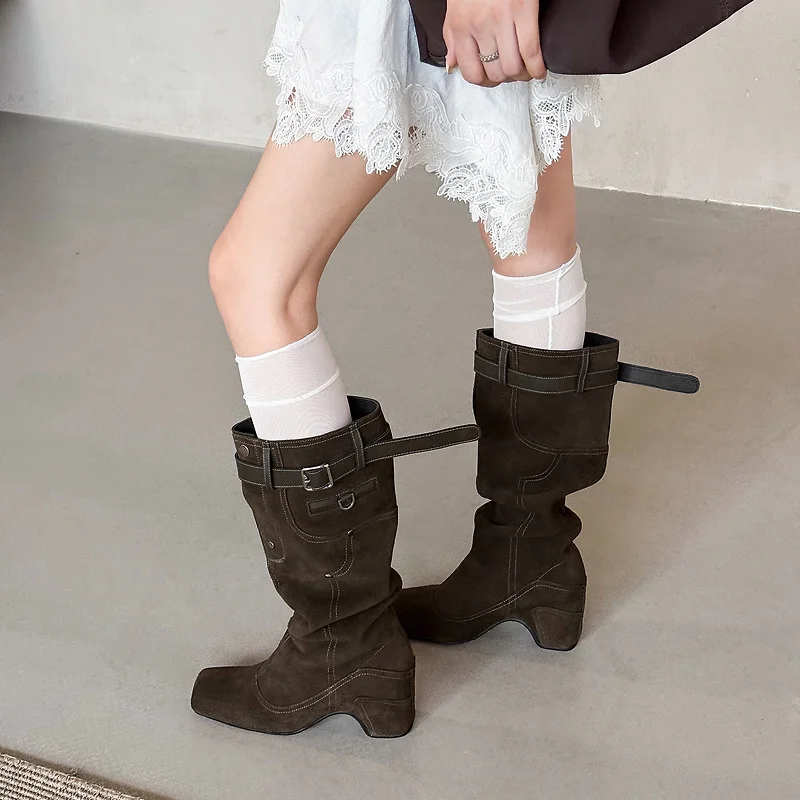 Women Knee High Western Boots Square Toe Buckle Strap Slouch Stacked Block Heel Pull On Vintage Cow Leather Fashion Boot F621