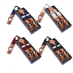 3.5cm Elastic 6 Clip Men's Straps Clip Dual Purpose Brown Leather Adjustable Suspender Straps