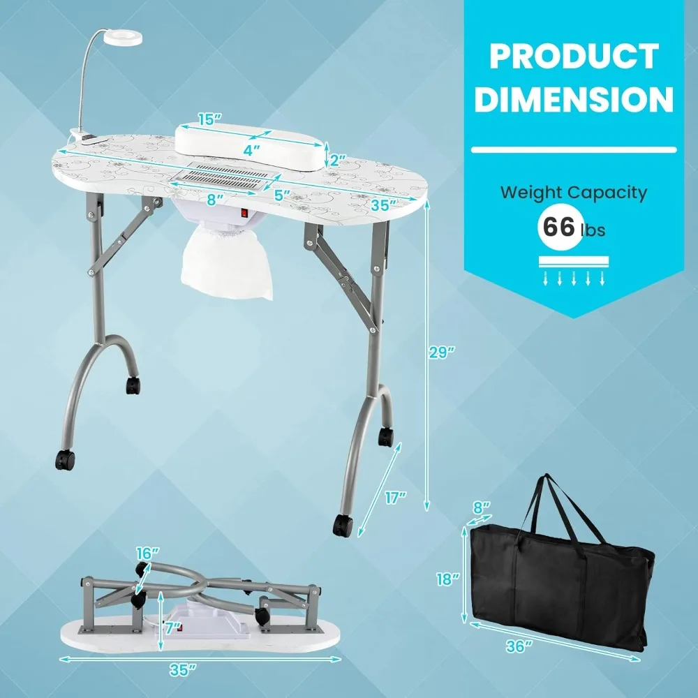 Portable Nail Table, Foldable Nail Technician Desk w/Electric Dust Collector, Bendable LED Lamp, Removable Armrest Pad