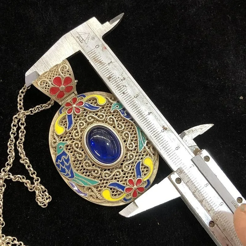 Antique Qianlong Style Cloisonne Magpie Plum Copper Silver Lock With Blue Beads And Chain