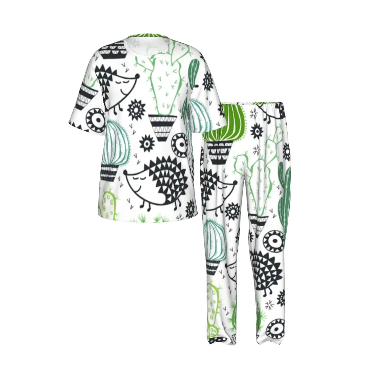 Men's short-sleeved pajamas two-piece trousers Cactus Cartoon Hedgehog Animals Saguaro And Prickly Pear home wear suit sleepwear