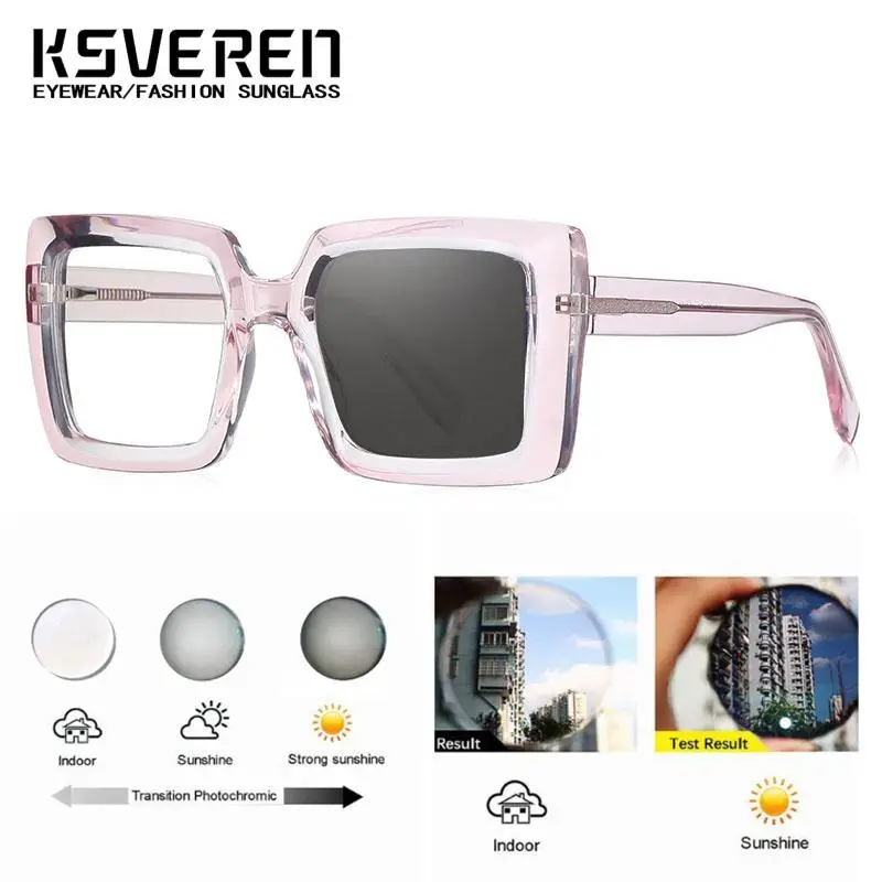 KSVEREN TR90 نظارات قراءة مربعة كبيرة الحجم نظارات شمسية فوتوكروميك خارجية للنساء نظارات طبية بصرية طويلة النظر