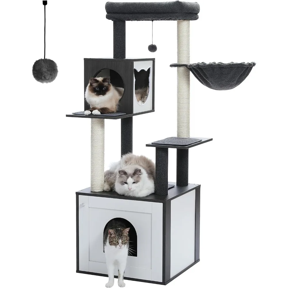 

56.7" Cat Tree with Litter Box Enclosure Large, Wood Cat Tower for Indoor Cats with Storage Cabinet and Cozy Cat Condo,