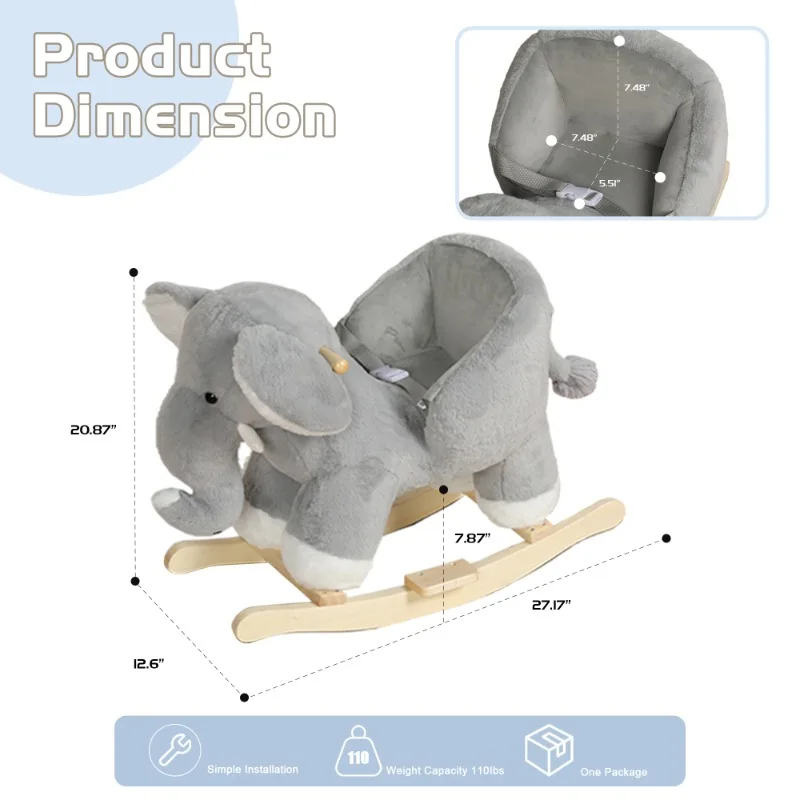 Children's Riding Swinging Elephant Toy Grey Plush Elephant Joystick Children's Riding Toy Nursery and Playroom Gift