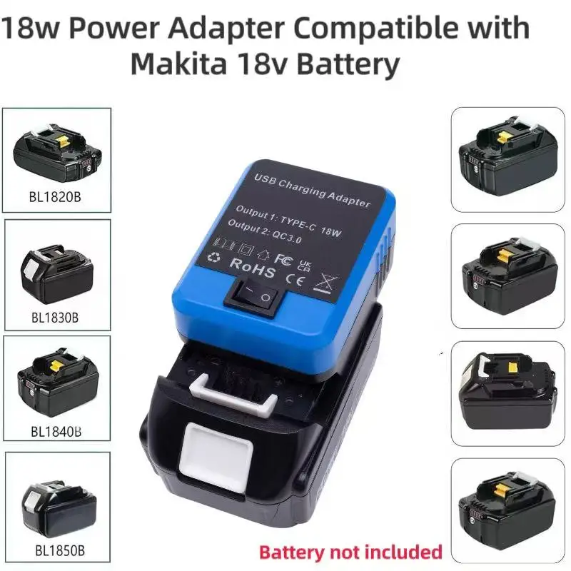 18W Wireless portable Converter  for  Makita 18v Lithium 18W  USB Battery Adapter Converter  W/USB C-type DC port(No Battery ）