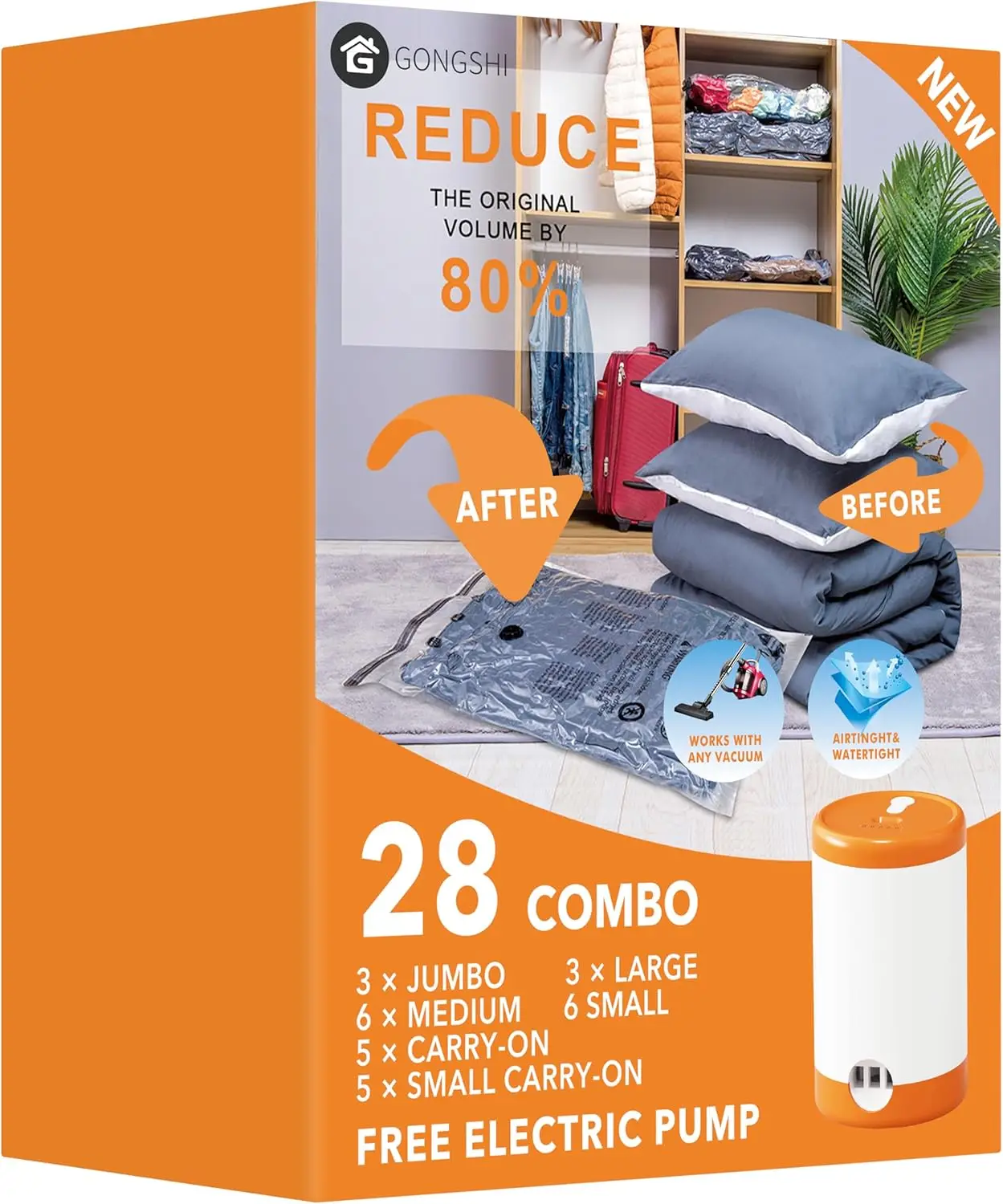 

28 Pack Vacuum Seal Bags with Electric Pump, Space Saving for Travel & Home Storage, Clothes Blankets Comforters