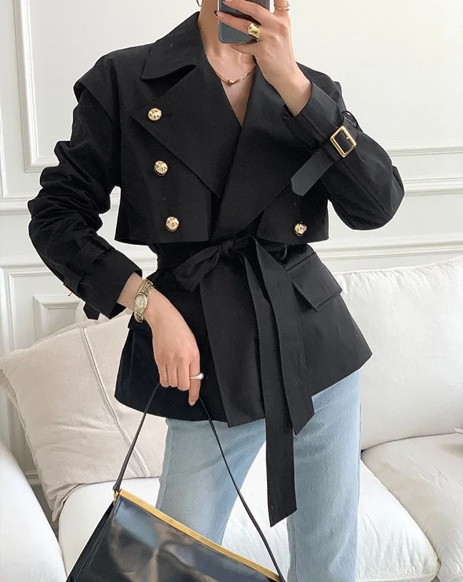2colors Vintage Short Trend Loose Jacket Women Casual Long Sleeves Lace Up Lapel Commuter Jacket 2025 New Lady Streetwear(W11756