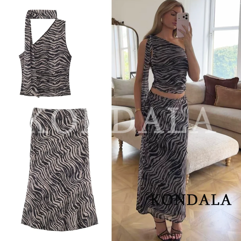 KONDALA Women Elegant Chic Zebra Print Skirt Suit 2026 Summer Trendy Holiday Party Set Scarf Collar Shoulder Tops, Midi Skirt