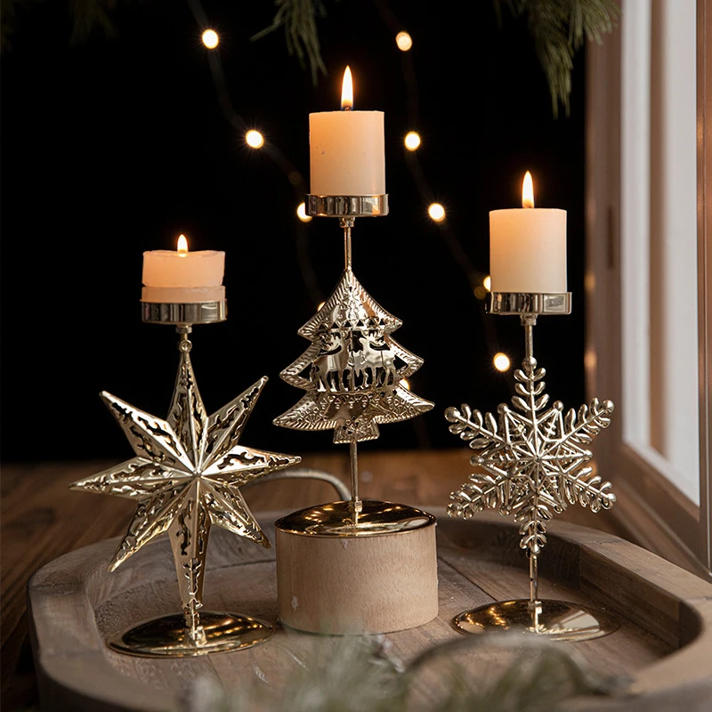 Christmas Golden Wrought Iron Candlestick Star Elk Christmas Tree Candle Holder Merry Christmas New Year Table Decoration