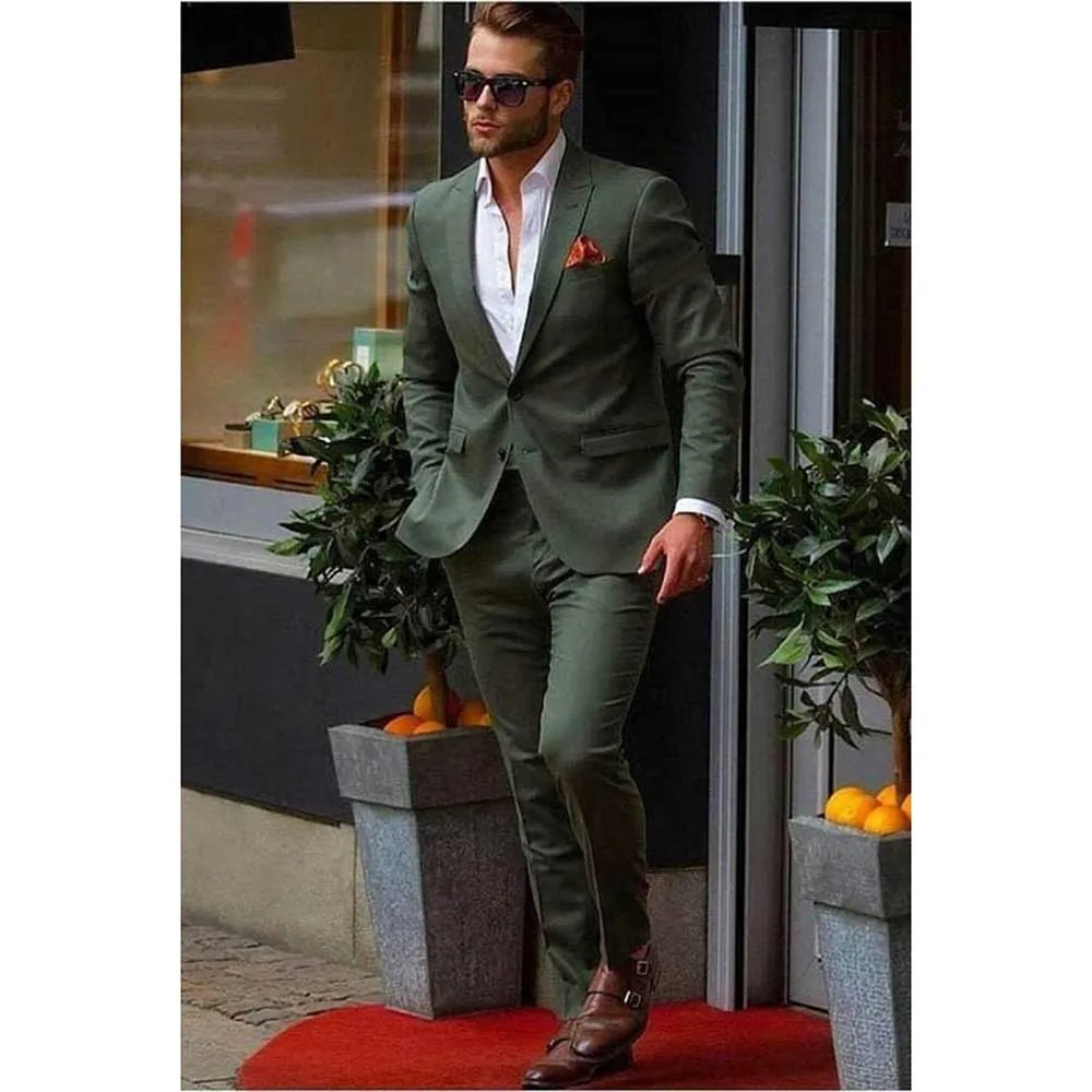 Elegant Green Suits for Men Single Breasted 2 Piece Jacket Pants Male Clothing Slim Fit Business Gentleman Smart Blazer Sets