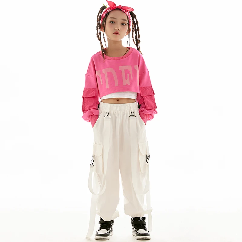 Kpop Kids Hip Hop Dance Clothes For Girls Pink Crop Tops Loose White Pants Modern Jazz Performance Costume Rave Outfit BL9560