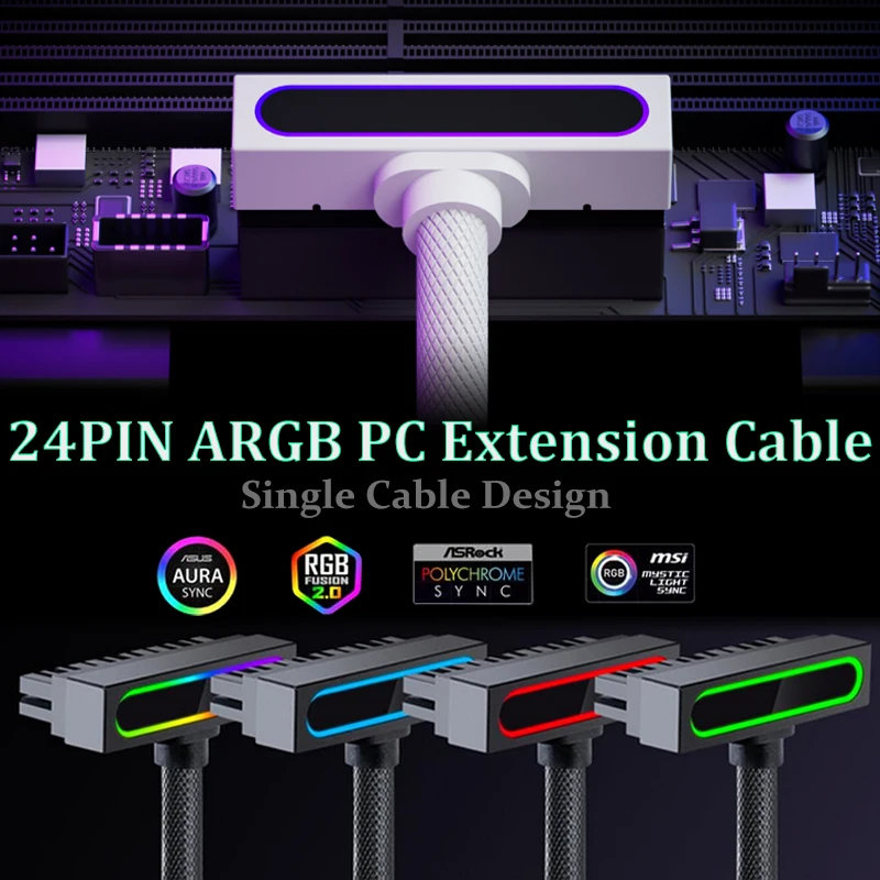 

AIJS ATX 24Pin Motherboard GPU CPU Extension Cable 30cm With ARGB 18AWG 90° One-Line Connector PC Build Trends Cable
