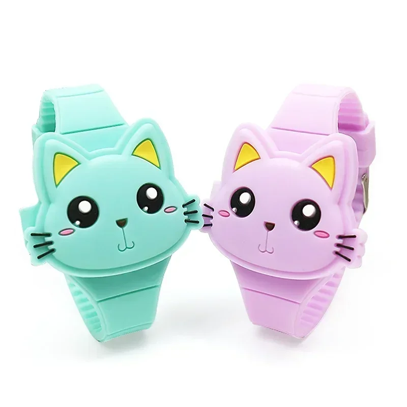 Fashion Kids Watch Cute Cat Shape LED Digital Watches for Girls Boys BPA Free Silicone Band Clamshell Design Children Wristwatch