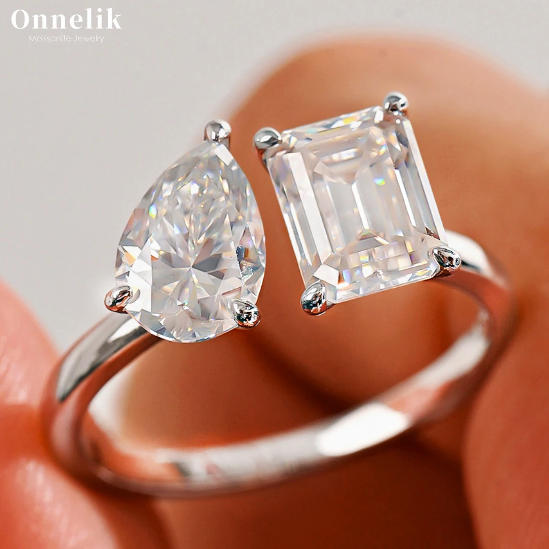 Onnelik 2/4CT Emerald/Tear Drop Moissanite Ring S925 Sterling Silver 18K Gold Plated Elegant Fine Jewelry Elegant Gift for Women