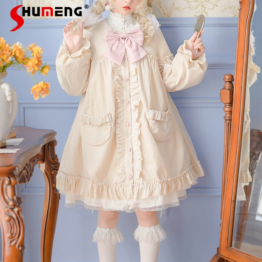 Original Lolita Cloak Type Woolen Coat Autumn and Winter Women\'s Cute Girl All-Matching Solid Color Doll Collar Mid-length Coats