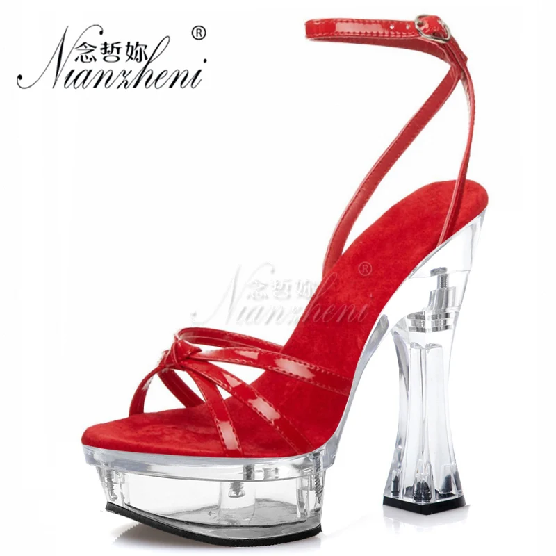 14cm Open Toe Patent Leather Platform Sandals 5-Inch High Heeled Crystal Detail Roman Wedding Party Shoes for Pole Dancers