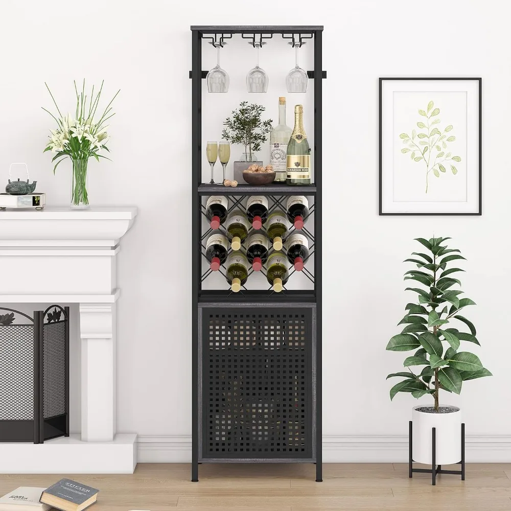 O & K FURNITURE-Armoire à vin T1 autoportante, française ou avec porte-verre, cave à vin avec étagère réglable pour le salon