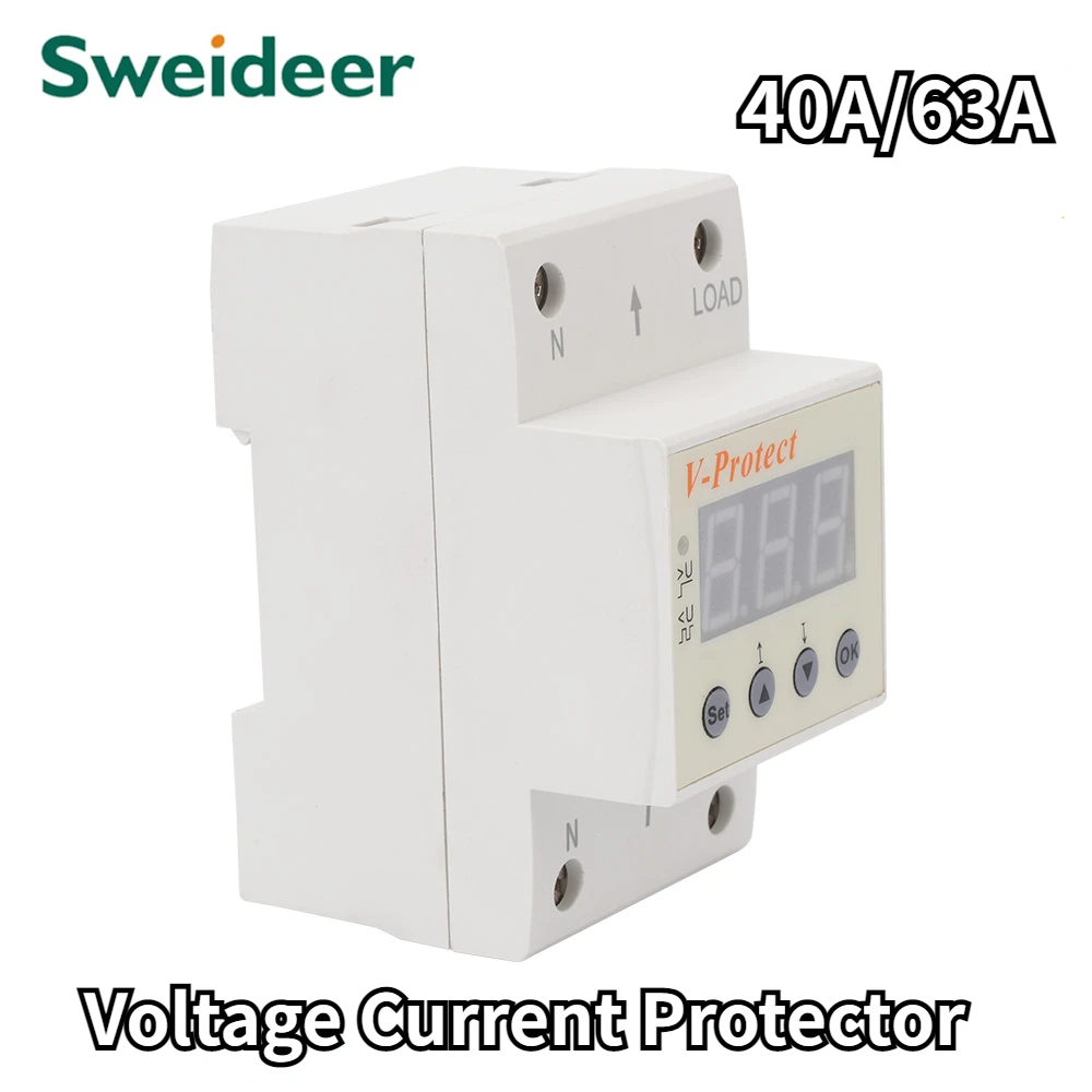 Voltage Protector Din Rail Dual Display Adjustable Over Voltage Current and Under Voltage Protective Device Relay 40A 63A  Meter