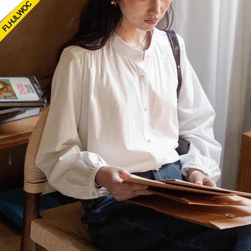 FLHJLWOC Katoenen Tops Blouses Japan Meisjes Leuke Zoete Preppy Stijl Lange Mouw Effen Groene Knop Retro Vintage Shirts