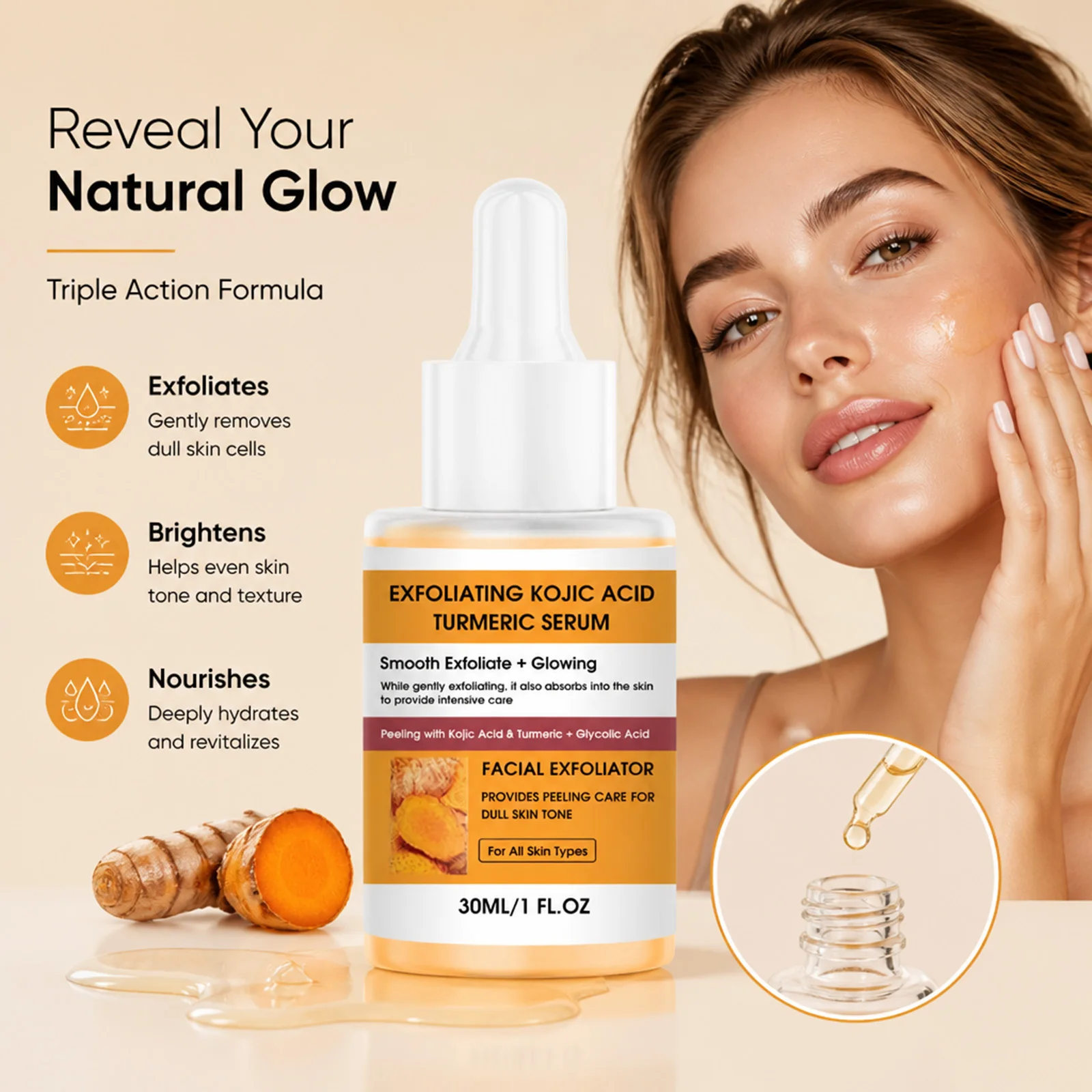 Kojic Acid for Turmeric Exfoliating Serum Uneven Skin Tone Improves Dullness Full Facial Moisturising Skin Care Serum