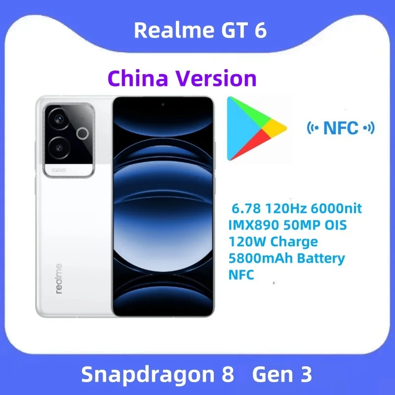 Unlocked realme GT 6 5G Smartphone Snapdragon 8 Gen 3 6.78'' 120Hz 6000nit Screen IMX890 50MP OIS 120W Charge 5800mAh Battery