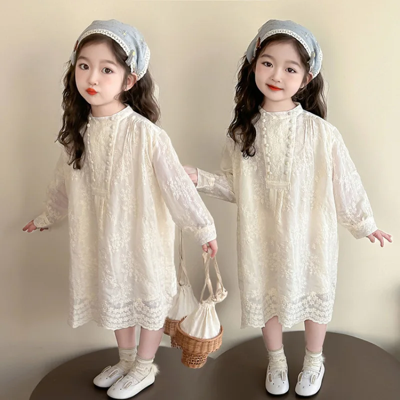 Girls' Fairy-like Off-white Long-sleeve Dress Spring and Autumn Little Children's Embroidered Lace Princess Dress Baby Mori Styl