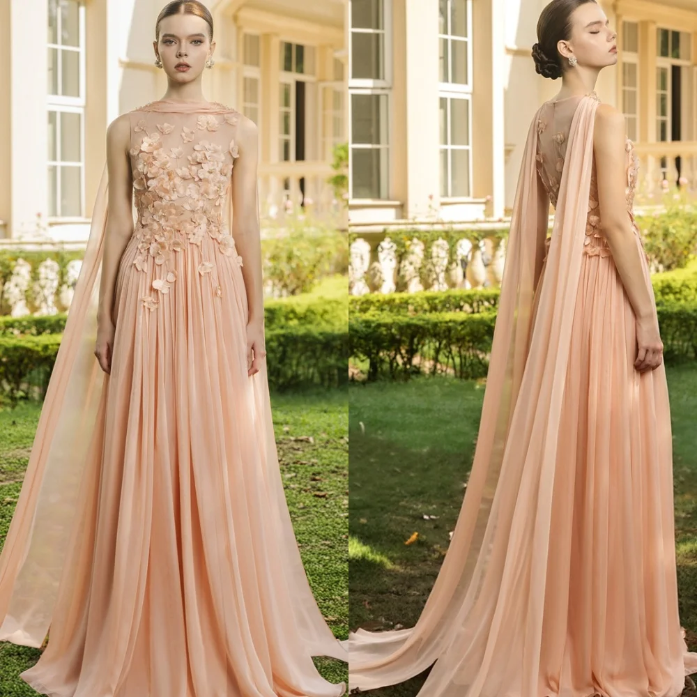 

Customized Delicate Champagne Chiffon Evening Dress Exquisite Crew Neck Cap Sleeve Ribbon Zipper Back Special Occasion Gowns