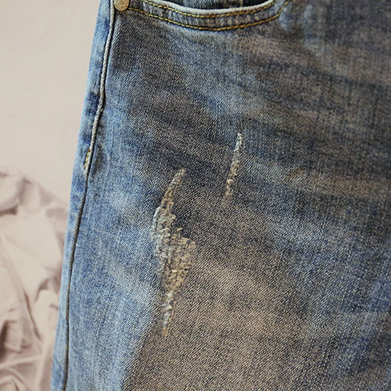 2025Summer Trendy Brand Men's Denim 5/5 Shorts Korean Edition Ins Style Fashion Straight Tube Piercing Middle Pants