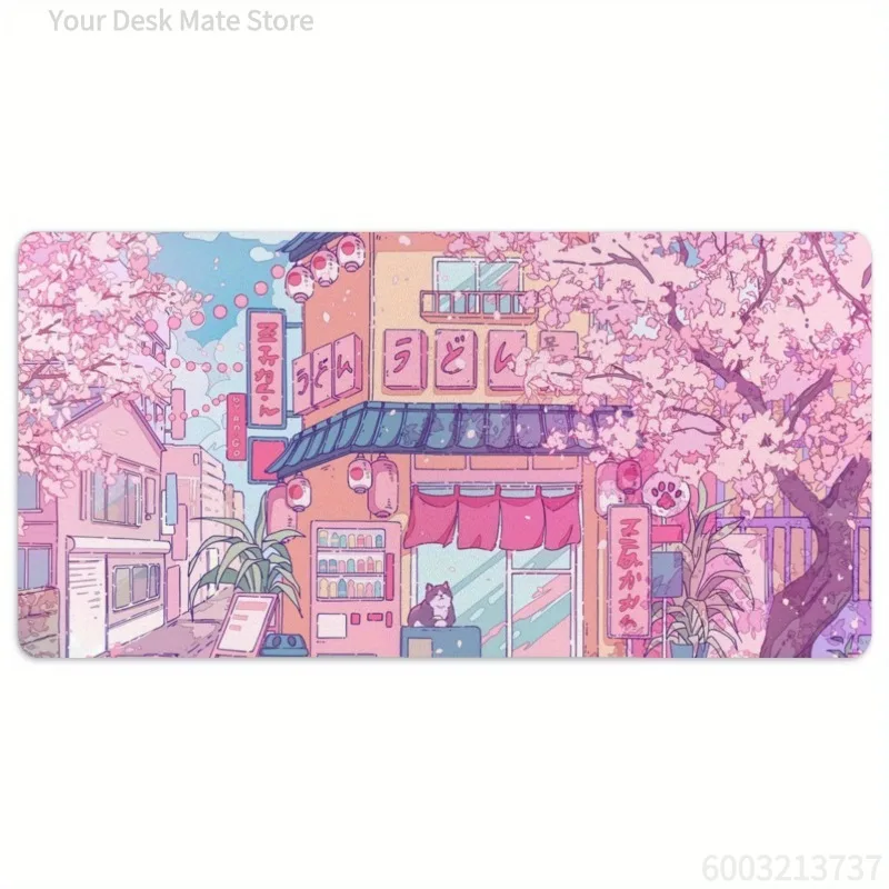 Cute Cat Coffee and Pink Cherry Blossom Mouse Pad, Office Game Table Mats XXL Rubber Anti-Slip Gaming Keyboard Long Desk Pads